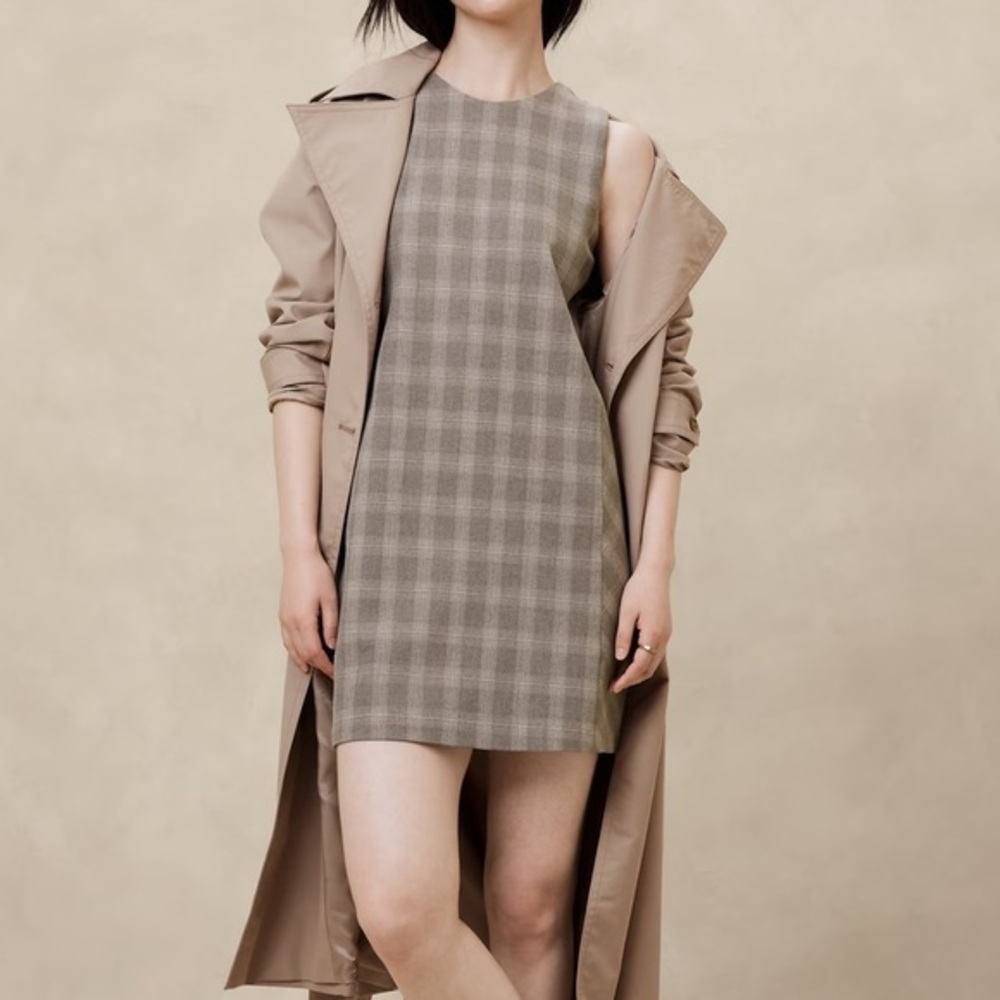 NWT‎ Banana Republic PLAID SHIFT MINI DRESS Neutral Plaid Size 6 8 10 12 14 #BR1